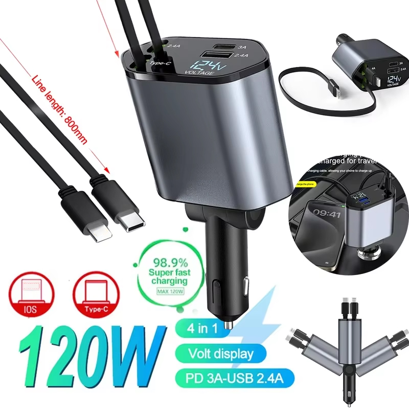 120W 4 in 1 retractable car ch - огляд і ціна Tethering Cable Usb